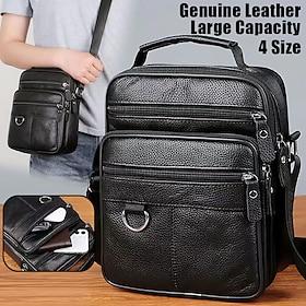Men's Black Leather Crossbody Messenger Bag – Multi-Pocket Shoulder Bag with Zipper Closure for Work, Travel  Daily Use