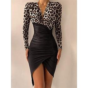 Women's Black Dress Party Dress Cocktail Dress Patchwork Print V Neck Long Sleeve Geometric Midi Dress Winter Dress Wedding Guest Black Brown Fall Winter