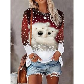 dames winter shirt lange mouw ijsbeer print vakantie casual trui kastanjebruin wit grijs ronde hals feestelijk seizoen stretch pasvorm comfortabel maten beschi