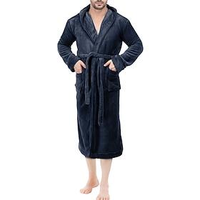 Men's Pajamas Robe Bathrobe Bath Gown 1 pcs Plain Stylish Casual Comfort Home Daily Bed Fleece Comfort Warm Hoodie Long Sleeve Pocket Fall Winter Black Dark Bl