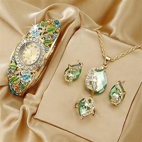 5Pcs Set Luxury Womens Bracelet Quartz Watches Fashion Rhinestone Quartz Cuff Bangle Watch Oval Pointer Analog Wrist Watch Jewelry Set Mother's Day Gift For Mo