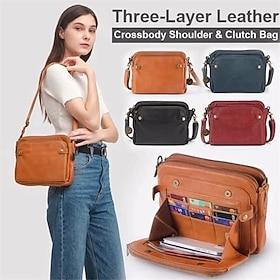 Women's Vintage Three-Layer Leather Crossbody Shoulder Clutch Bag β Multi-Compartment Design for Casual, Work, and Travel Use