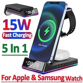 5 In 1 15W Foldable Wireless Charger Stand RGB Dock LED Clock Fast Charging Station for iPhone Samsung Galaxy Watch 5/4 S22 S21
