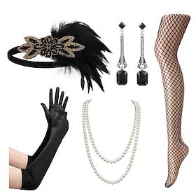 Set with Feather Flapper Headband Long Gloves Fishnet Stocking Earings Pearl Necklace Retro Vintage Roaring 20s 1920s Accesories Set The Great Gatsby Women's C