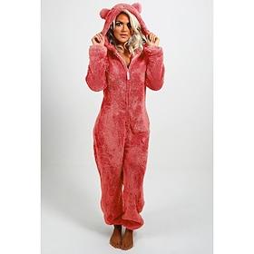 dames onesie pyjama pluche fleece beer oor hoodie rood volledige lengte winter warmte gezellige loungewear rits nachtkleding casual thuis thuis outfits