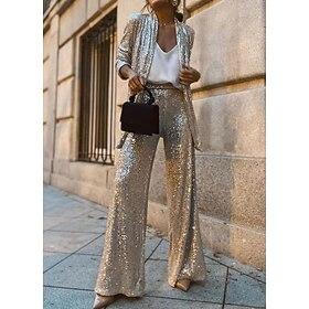 Women's Straight Sequins Wide Leg Full Length Silver All Seasons