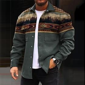 Men's Tribal Geometry Ethnic Shirt Shirt Jacket Overshirt Long Sleeve Vintage Casual Tribal Outdoor Street Casual Daily Fall Winter Turndown Buttons Pocket Pr