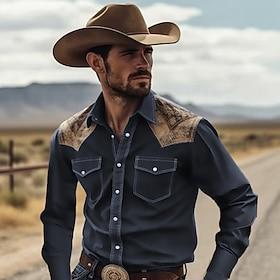 Men's Cowboy Shirt Western Shirt Cowboy Shirt Long Sleeve Tropical Fashion Designer Daily Outdoor Fall  Winter Turndown Print Button-Down Black Yellow Navy Blu