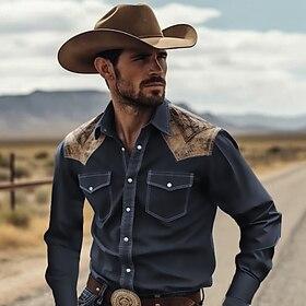 Men's Cowboy Shirt Western Shirt Cowboy Shirt Long Sleeve Tropical Fashion Designer Daily Outdoor Fall  Winter Turndown Print Button-Down Black Yellow Navy Blu