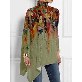 Women's T shirt Long Sleeve Fashion Floral Print Asymmetric Hem Long Sleeve Long Tops High Neck Casual Holiday Blue Green Gray Spring Fall Prefall