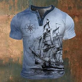 Men's Graphic Ship T Shirt Henley Shirt Short Sleeve 3D Print Fashion Classic Retro Vintage Sports Outdoor Holiday Going out Spring  Summer Blue Brown Army Gre