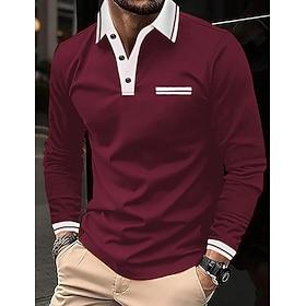 Men's Polo Shirts Button Up Polos Casual Sports Lapel Long Sleeve Fashion Basic Color Block Pocket Buttons Spring   Fall Regular Fit Navy Wine Dark Gray Light