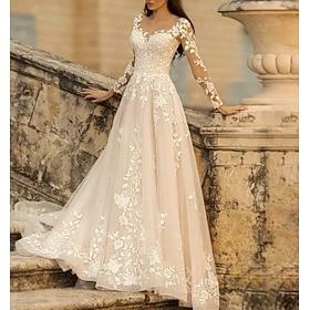 ts strand formele trouwjurken a-lijn v-hals lange mouwen sweep / brush sleep kant bruidsjurken met bloem effen kleur 2024