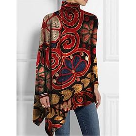 Women's T Shirt Fashion Floral Print Asymmetric Hem Long Sleeve Long Tops High Neck Casual Holiday Red Blue Green Spring Fall