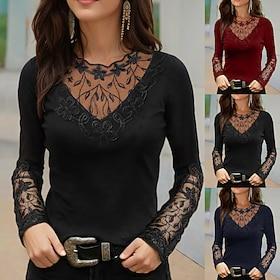 Women's T Shirt BurgundyTee Mesh Patchwork Top Lace T-shirt Lace Patchwork Floral Elegant Vintage Fashion Long Sleeve Round Neck Regular Tops Casual Weekend B