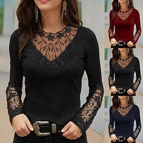 Women's T Shirt BurgundyTee Mesh Patchwork Top Lace T-shirt Lace Patchwork Floral Elegant Vintage Fashion Long Sleeve Round Neck Regular Tops Casual Weekend B