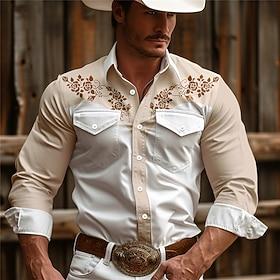 Men's Floral Western Shirt Cowboy Shirt Long Sleeve Vintage Western Style Daily Wear Going out Weekend Spring  Summer Turndown Pocket Print Button-Down Blue Pi