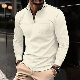 Men's Waffle Polo Shirt Quarter Zip Polo Daily Holiday Quarter Zip Long Sleeve Fashion Modern Plain Front Pocket Spring   Fall Regular Fit Black White Navy Blu