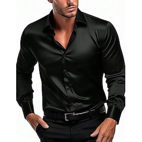 Men's Shirt Satin Shirt Casual Shirt Button Up Shirt Plain Daily Vacation Black White Wine Navy Blue Long Sleeve Lapel Spring   Fall Clothing Apparel
