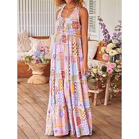 kvinners fritidskjole rutete fargeblokktrykk u-hals lang kjole maxikjole ferie ermeløs sommer