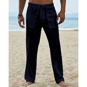 Men's Linen Pants Trousers Summer Pants Beach Pants Pocket Elastic Waist Straight Leg Plain Comfort Breathable Daily Holiday Vacation Hawaiian Boho ArmyGreen B