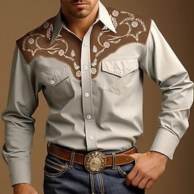 Men's Cowboy Western Shirt Button Up Shirt Cowboy Shirt Long Sleeve Vintage Western Style Outdoor Street Casual Daily Fall  Winter 3D Print Front Pocket Black