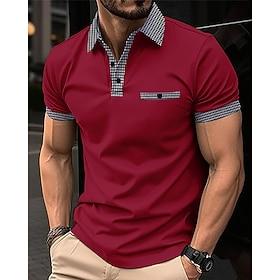 Men's Golf Shirt Golf Polos Shirts Work Casual Lapel Short Sleeve Basic Modern Color Block Houndstooth Patchwork Spring  Summer Regular Fit Black White Red Nav