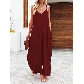 Women's Jumpsuit Backless Pocket Solid Color V Neck Basic Street Daily Regular Fit Sleeveless Black Wine Army Green S M L Summer