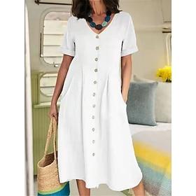 Women's Midi Dress Shift Dress Shirt Dress White Dress Cotton Linen Dresses Vacation Basic Modern Daily Weekend Loose Fit Plain Short Sleeve V Neck Blue ArmyGr