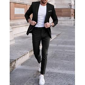 Men's Suits Wedding Blue Black Spring, Fall, Winter, Summer Suit Notch Business Formal Solid Colored Tailored Fit 2 Piece Single Breasted One-button