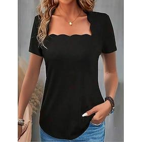 Damen T-Shirt mit gewelltem Ausschnitt, kurzärmelig, einfarbig, schmale Passform, Stretch, lässiges Mode-Oberteil, schwarz