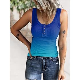 Women's Tank Top Cotton Casual Buttons Print Sleeveless Regular Tops U Neck Vacation Daily Pink Red Blue Purple Summer