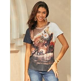 Women's Casual Tee Animal Floral Print Crew Neck Earth Tones Graphic T-Shirt Relaxed Fit Soft Fabric Summer Daily Wear