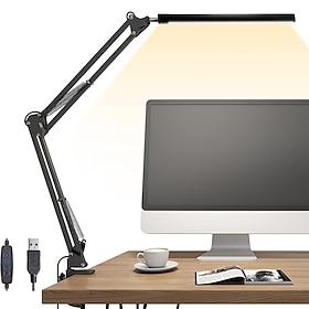 LED Desk Lamp Swing Arm Desk Light with Clamp 3 Lighting 10 Brightness Eye-Caring Modes Reading Desk Lamps for Home Office 360Spin with USB Adapter Memory Fun
