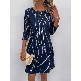 Vrouwen Midi Jurk Ronde Hal Abstract Bead Constellatie Patroon A-Lijn Driekwart Mouw Fluweel Textuur Marineblauw Casual naar Formele Gelegenheden