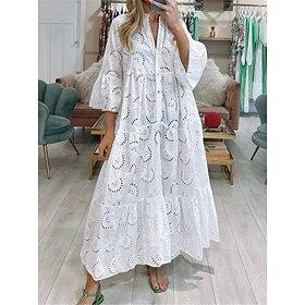 Women's Maxi Dress White Eyelet Puff Sleeve Tiered Skirt V-Neck Spring Summer Casual Chic Garden Party Holiday Regular Fit Apparel