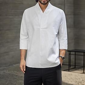 Men's Shirt Cotton Linen Shirt White Cotton Shirt Casual Shirt Plain Hawaiian Holiday Black White Yellow Navy Blue 3/4-Length Sleeve V Neck Spring  Summer Clot