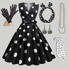 Women's A-Line Rockabilly Dress Polka Dots Swing Dress Flare Dress with Accessories Set 1950s Grease Outfits 60s Retro Vintage with Headband Chiffon Scarf Earr