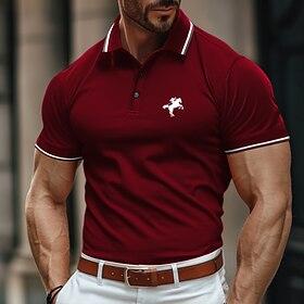 Men's Polo Shirt Golf Shirt Casual Holiday Lapel Short Sleeve Fashion Basic Color Block Horse Patchwork Embroidery Summer Regular Fit Black Burgundy Green Polo