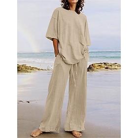 15% Linen Women's Pants Sets Linen Sets Basic Pure Color Pocket Elastic Waist T Shirt Pant Daily Street Long Sleeve Crew Neck Blue Black White Navy Blue Light