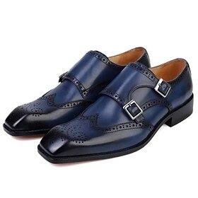 Men's Navy Blue Monk Strap Dress Shoes – Faux Leather with Brogue Detailing, Double Buckle Design, Formal Business and Wedding Footwear