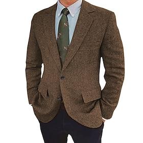 Men's Tweed Herringbone Blazer Retro Vintage Jacket Winter Regular Plus Size Single-Breasted Two-buttons Brown Black Blue