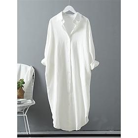 Women's White Dress Shirt Dress Cotton Linen Dress Midi Dress Office Vacation Linen Basic Casual Shirt Collar Button Long Sleeve Summer Spring Loose Fit Plain