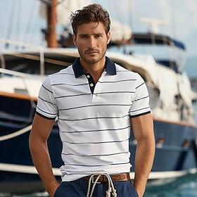 Men's 100%Cotton Golf Polo Shirt Knit Polo Business Casual Classic Short Sleeve Casual Hawaiian Beach Graphic Ship Button Summer Regular Fit Navy Blue