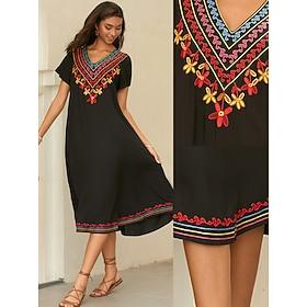 dames etnische geborduurde kaftan jurk v-hals korte mouw zomer bohemian zwart met bloemen geometrische borduurwerk casual strand festival losse pasvorm kleding