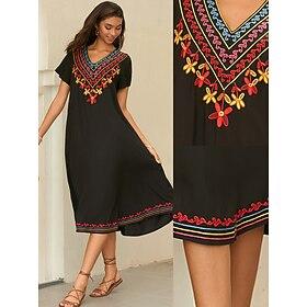dames etnische geborduurde kaftan jurk v-hals korte mouw zomer bohemian zwart met bloemen geometrische borduurwerk casual strand festival losse pasvorm kleding