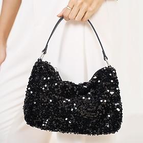 Women's Handbag Shoulder Bag Hobo Bag Baguette Bag Polyester Party Holiday Wedding Party Sequin Zipper Large Capacity Solid Color Silver Black