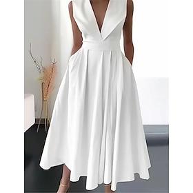 Women's Midi Dress White Dress Plain Dress Elegant Streetwear Casual Vacation Street Holiday Regular Fit Sleeveless V Neck White Summer
