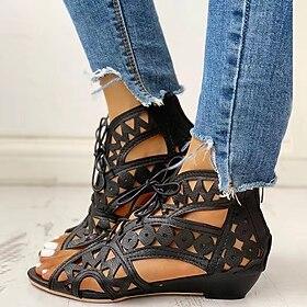 Women's Black Cut-Out Lace-Up Sandals - Stylish Wedge Heels with Geometric Patterns for Fashionable Summer Outfits
