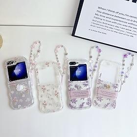 telefoon hoesje Voor Samsung Galaxy Z-flip 6 Z Flip 5 Z Flip 4 Z Flip 3 Achterkant Doorzichtig met polsband Schokbestendig Tekenfilm Bloem Bloemen TPU